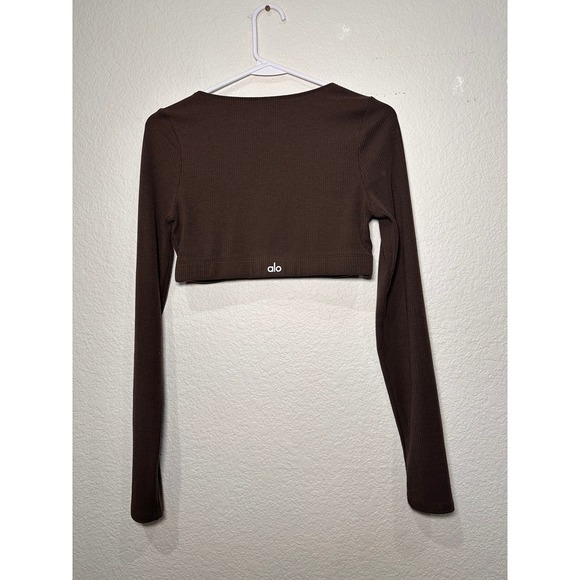 Alo Yoga Ribbed Long Sleeve Crop Top Brown V Neck Size M - Picture 5 of 8